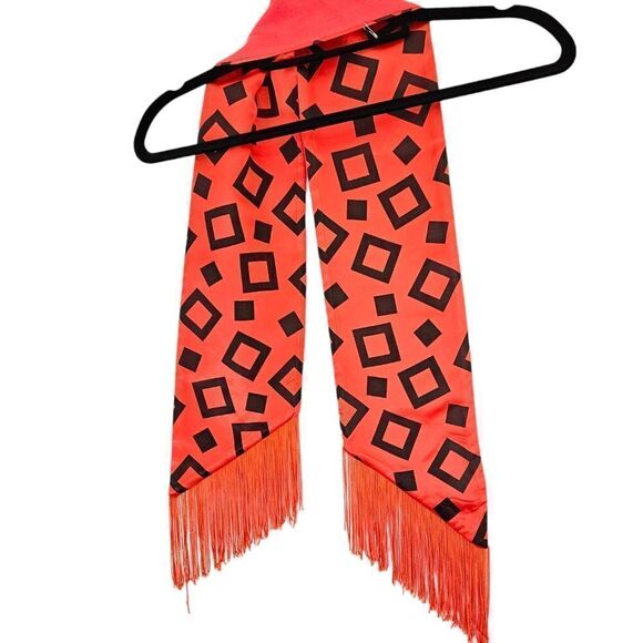 Vintage '60s Pleated Drop Waist Coral Sleeveless V-Neck Wool? Dress with Scarf 6 - Picture 4 of 15